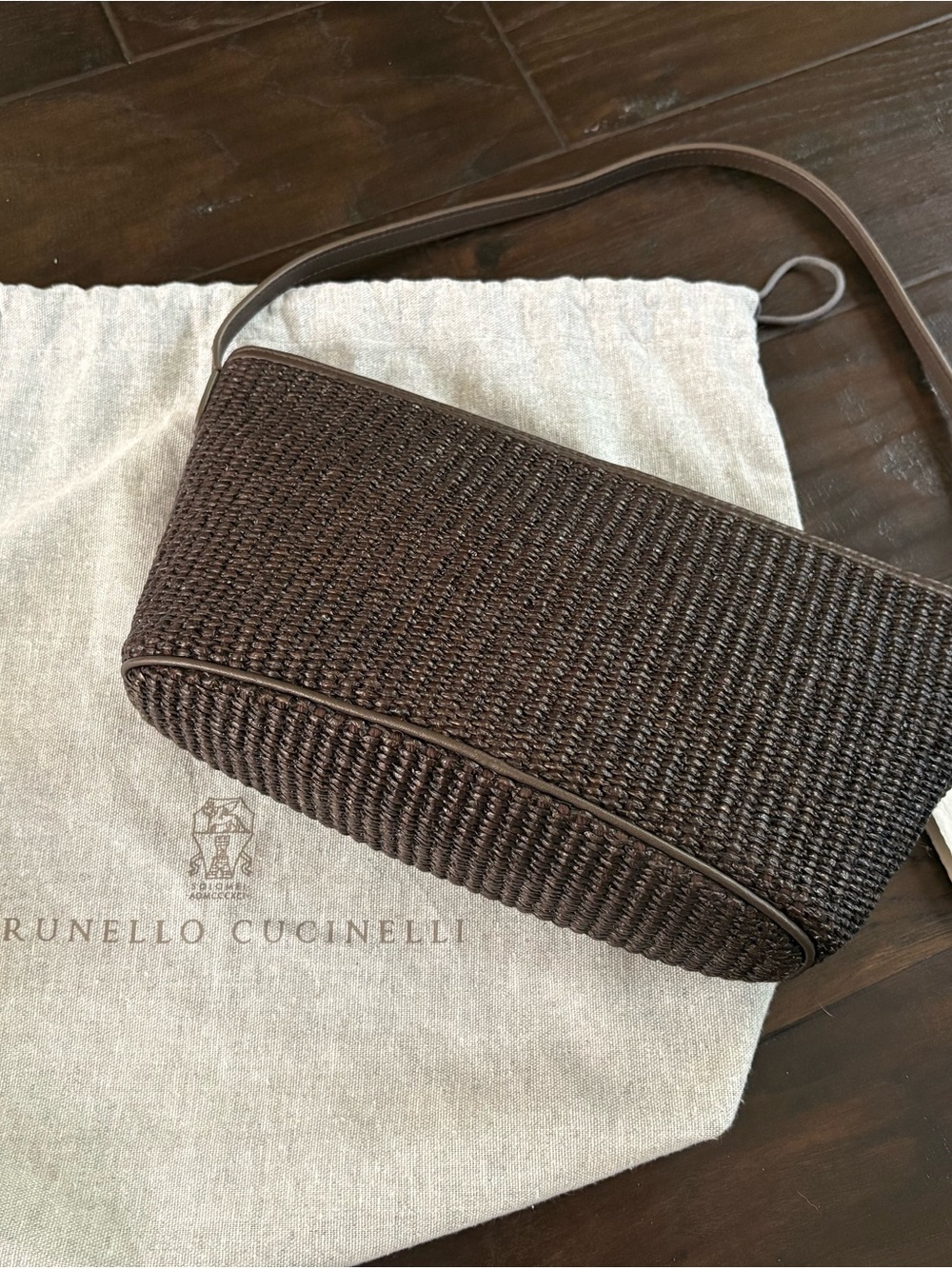 Brunello Cucinelli Dark Brown Leather Trim Woven Shoulder Bag